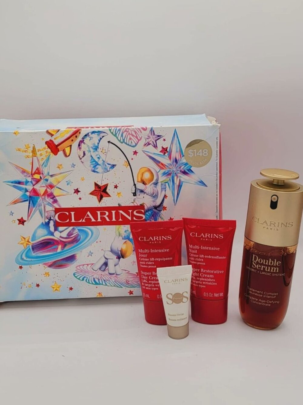 Clarins Double Serum 50mL/1.7oz Gift Set + Day & Night Creams + Red Pouch